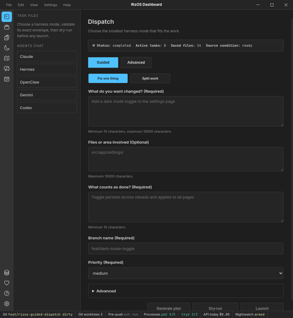 Dispatch page with Guided and Advanced harness modes, fields for what to change, files involved, definition of done, branch name and priority, and Generate plan, Dry-run and Launch buttons
