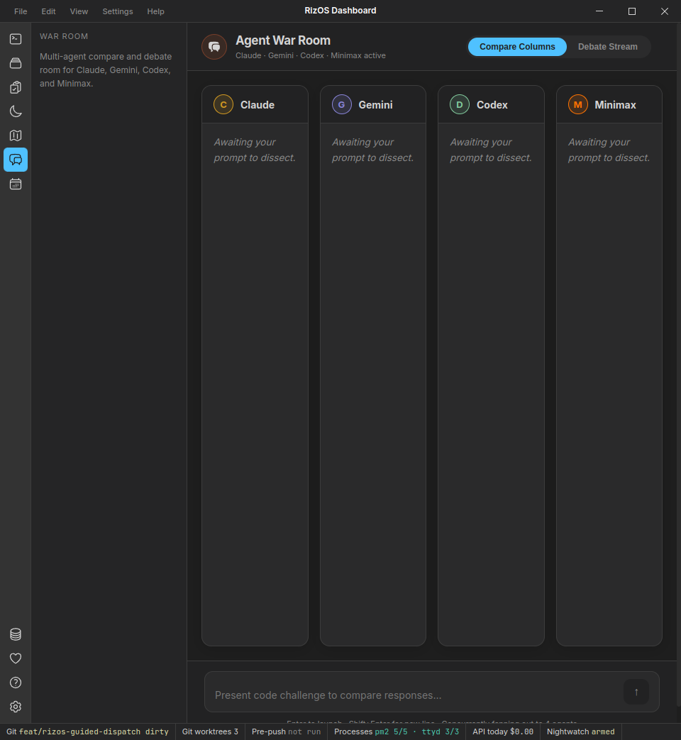 Agent War Room with compare columns for Claude, Gemini, Codex and Minimax, each awaiting a prompt, above a shared prompt input