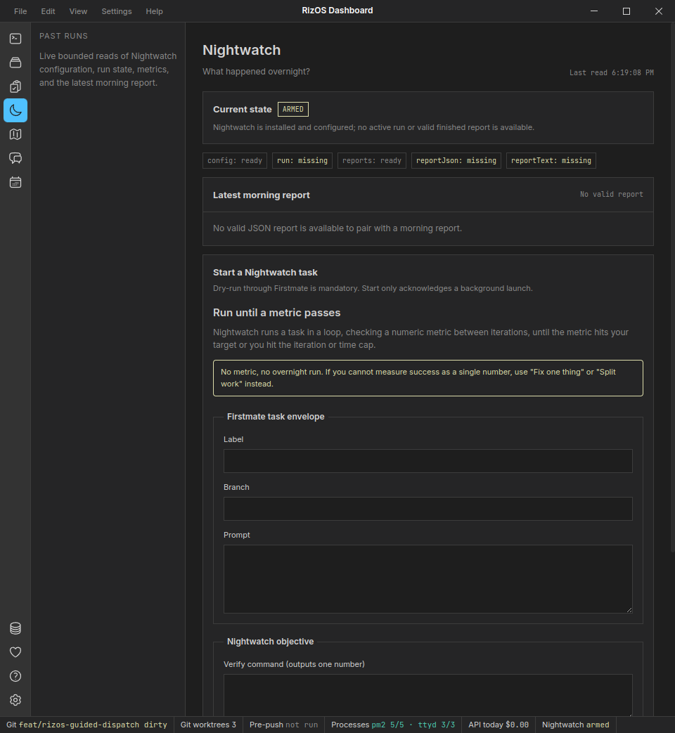 Nightwatch page in armed state showing config readiness flags, latest morning report panel, and a task envelope requiring a verify command that outputs one number