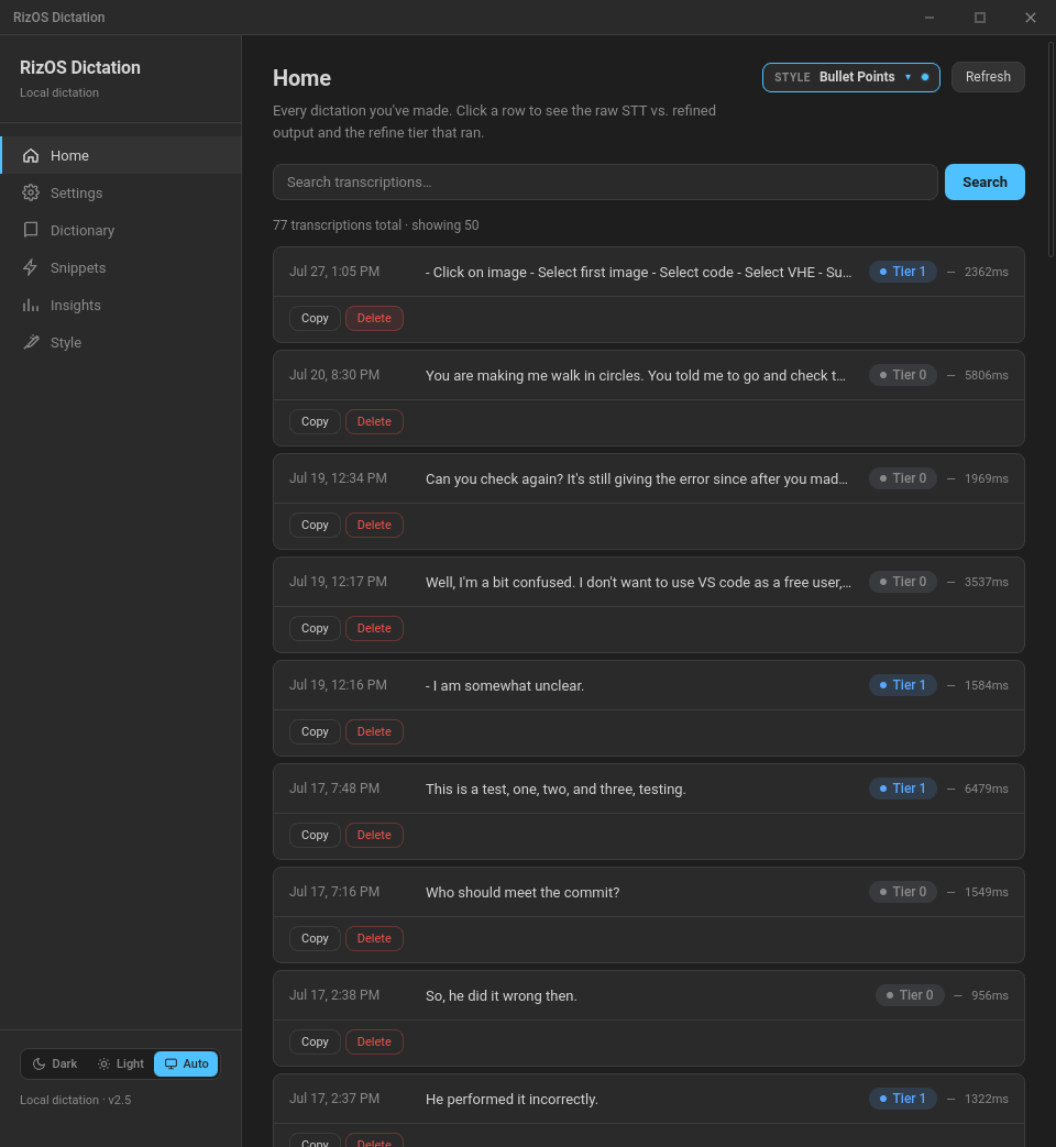 Dictation home listing 77 stored transcriptions with date, text preview, refine tier badge and latency in milliseconds for each