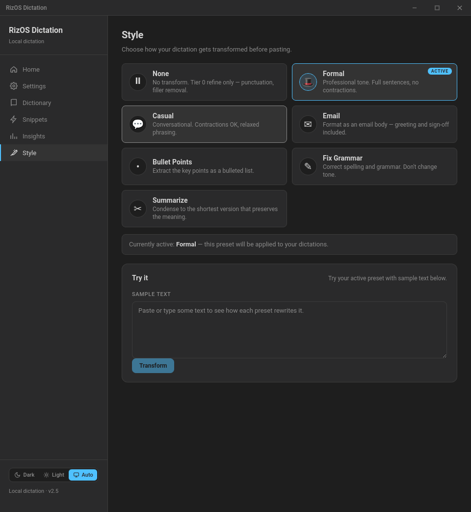 Style page with None, Formal, Casual, Email, Bullet Points, Fix Grammar and Summarize presets, Formal active, and a try-it box for sample text